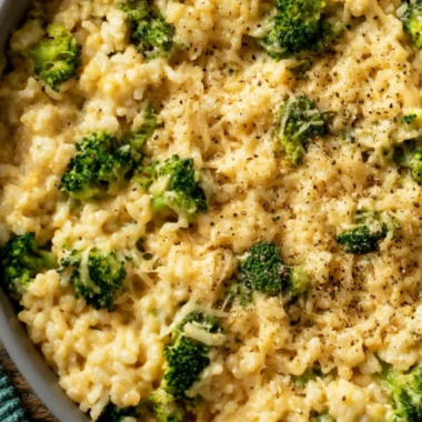 Cozy Creamy Broccoli Cheese Rice served in a bowl with cheese and broccoli visible