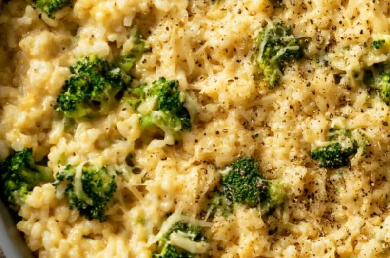 Cozy Creamy Broccoli Cheese Rice served in a bowl with cheese and broccoli visible