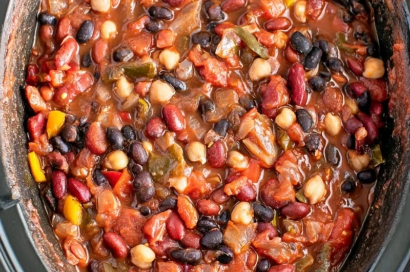 Bowl of cozy slow cooker vegetarian chili topped with fresh herbs