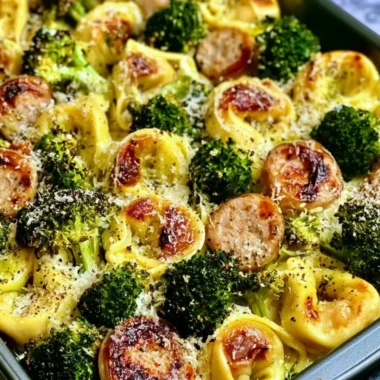 Sheet pan broccoli tortellini bake served in a colorful dish