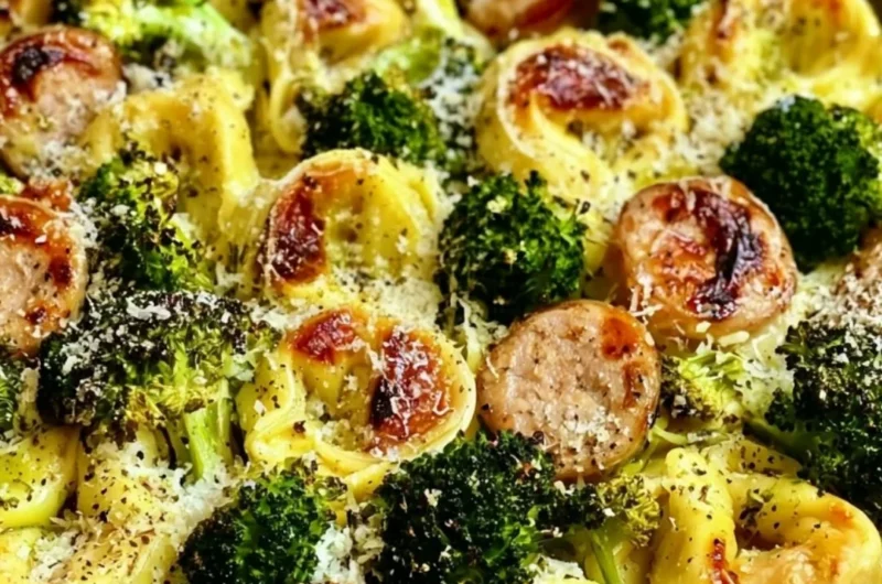 Sheet pan broccoli tortellini bake served in a colorful dish