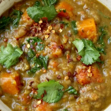 Delicious Moroccan Sweet Potato Lentil Stew with spices and vegetables