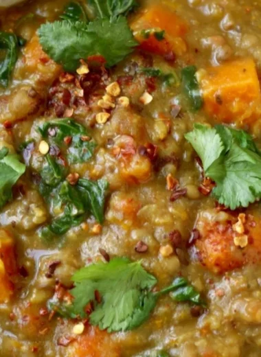 Delicious Moroccan Sweet Potato Lentil Stew with spices and vegetables