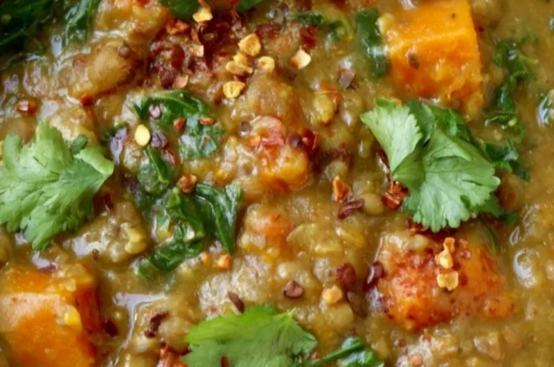 Delicious Moroccan Sweet Potato Lentil Stew with spices and vegetables