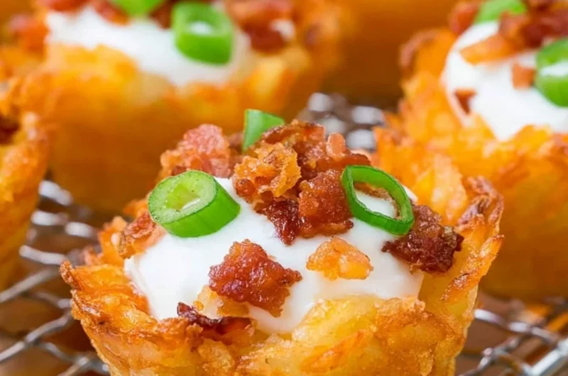 Plate of loaded tater tots topped with cheese, bacon, and green onions
