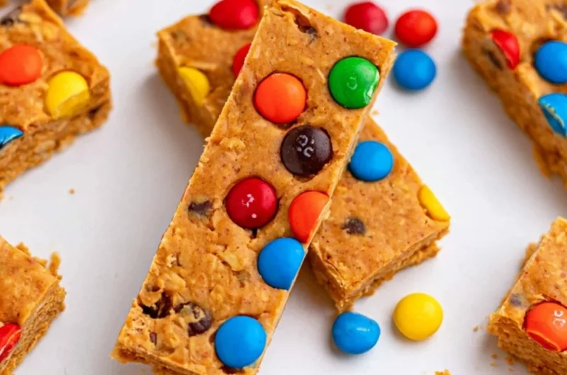 No-bake monster cookie protein bars made with oats, chocolate, and peanut butter