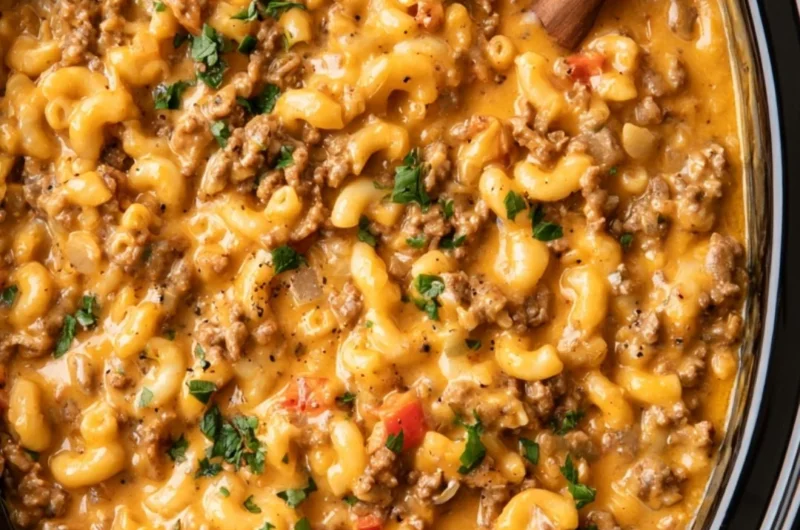 Bowl of slow cooker hamburger helper served with a side of vegetables