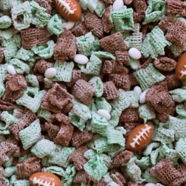 Ultimate Football Puppy Chow recipe with chocolate, peanut butter, and cereal mix