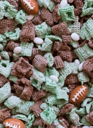 Ultimate Football Puppy Chow recipe with chocolate, peanut butter, and cereal mix