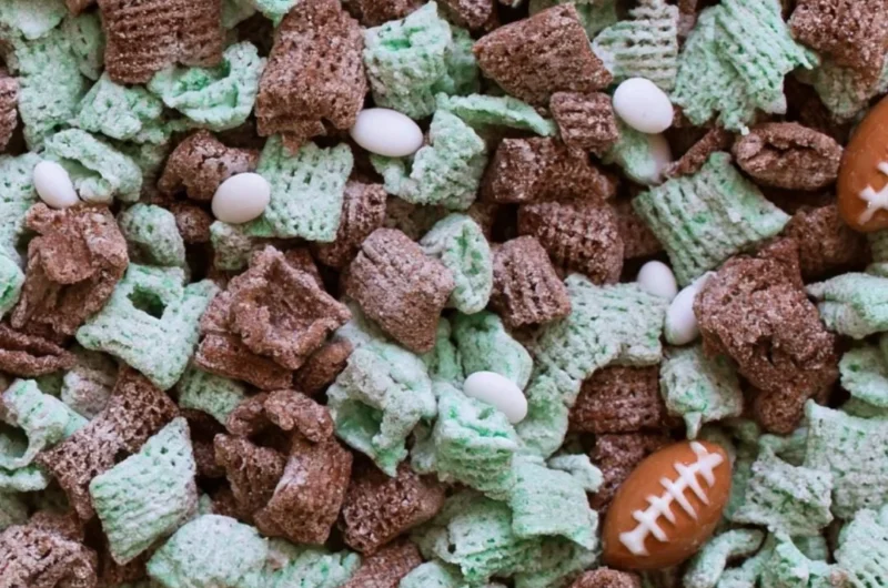 Ultimate Football Puppy Chow recipe with chocolate, peanut butter, and cereal mix