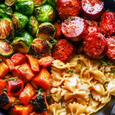 Autumn dinner featuring sausage, pasta, Brussels sprouts, and butternut squash dish