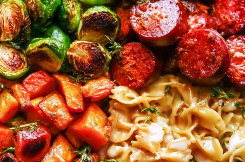 Autumn dinner featuring sausage, pasta, Brussels sprouts, and butternut squash dish