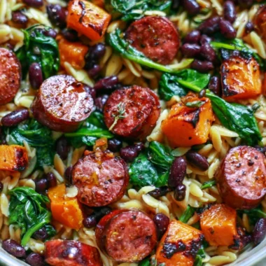 Butternut squash orzo dish with black beans, sausage, and spinach served in a bowl