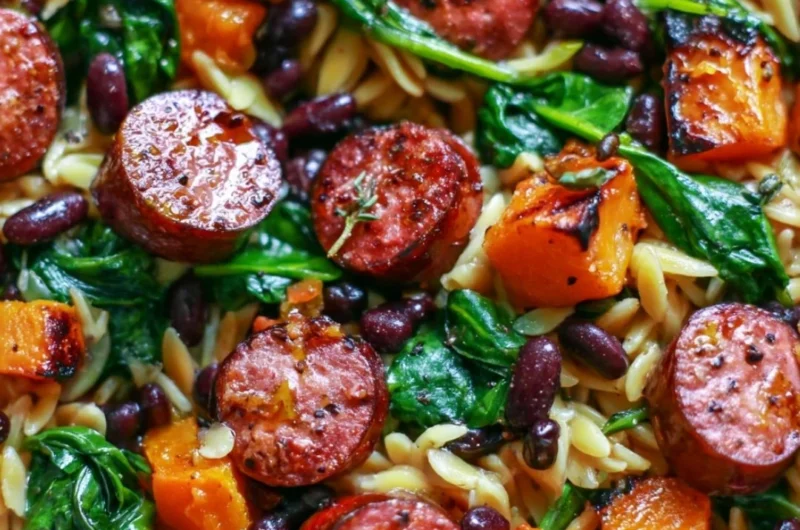 Butternut squash orzo dish with black beans, sausage, and spinach served in a bowl