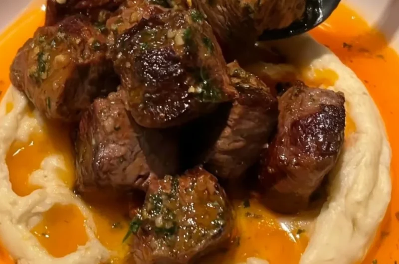 Delicious Cowboy Butter Steak Bites topped with caramelized onions