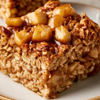 Cozy apple and cinnamon baked oatmeal served in a bowl with fresh apple slices on top.