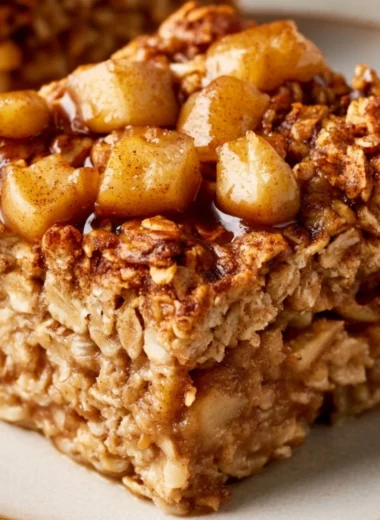 Cozy apple and cinnamon baked oatmeal served in a bowl with fresh apple slices on top.