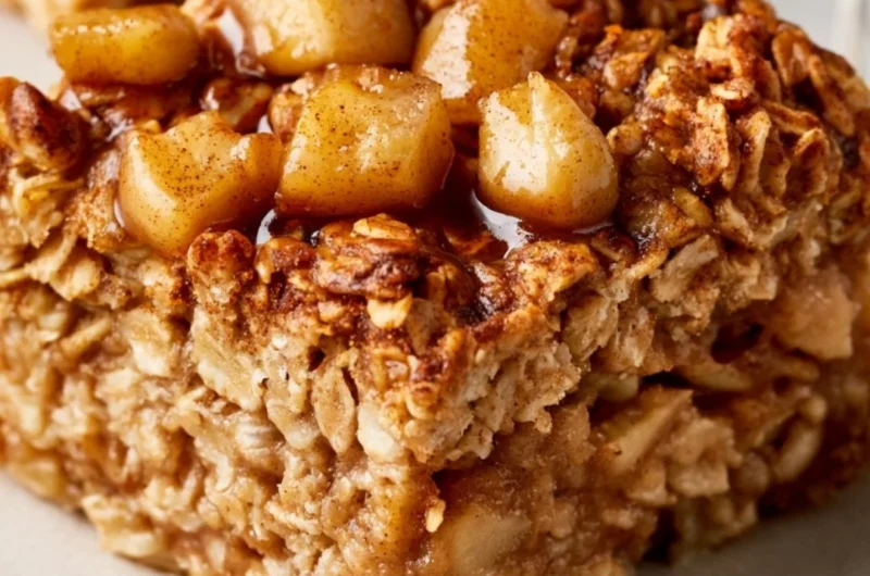 Cozy apple and cinnamon baked oatmeal served in a bowl with fresh apple slices on top.