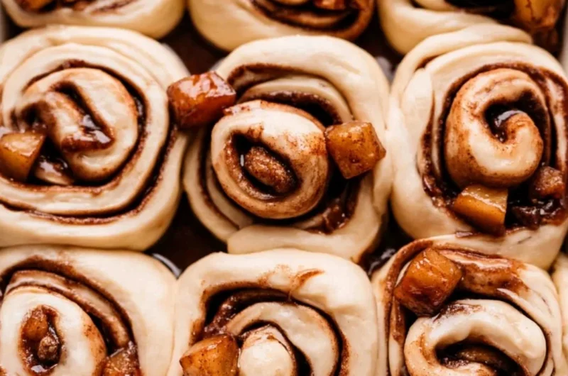 Cozy apple pie cinnamon rolls topped with icing on a rustic wooden table.