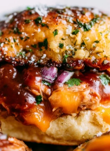 Delicious BBQ chicken sliders served on a cozy platter with fresh ingredients.