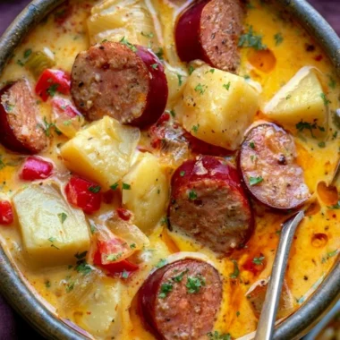 Cozy Cajun Potato Soup with Andouille Sausage served in a bowl