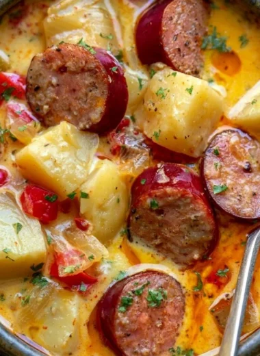 Cozy Cajun Potato Soup with Andouille Sausage served in a bowl