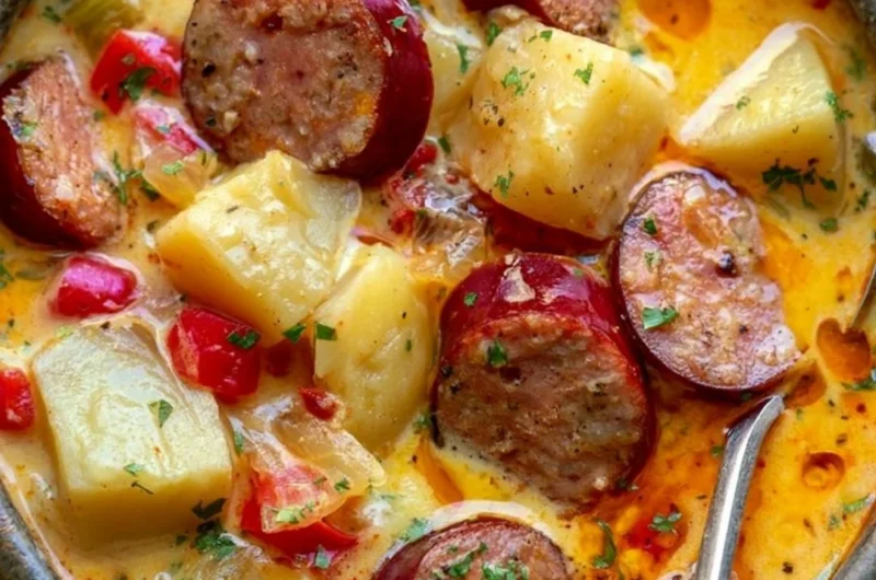 Cozy Cajun Potato Soup with Andouille Sausage served in a bowl