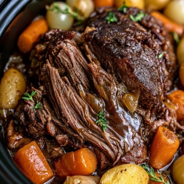 A delicious cozy crockpot pot roast served with vegetables in a warm bowl.