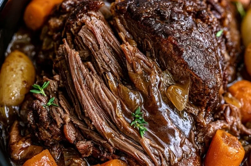 A delicious cozy crockpot pot roast served with vegetables in a warm bowl.