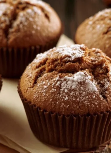 Cozy gingerbread muffins fresh out of the oven, topped with festive spices.