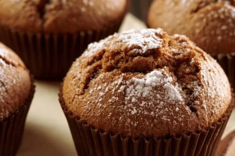 Cozy gingerbread muffins fresh out of the oven, topped with festive spices.