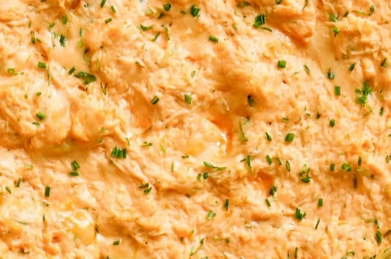Healthy Greek yogurt buffalo chicken dip served in a bowl