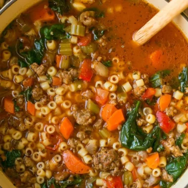 Bowl of cozy Italian sausage soup with vegetables and herbs