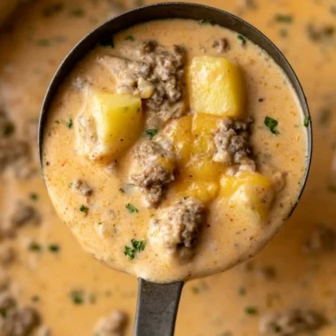 Creamy cheesy beef and potato soup in a bowl garnished with herbs