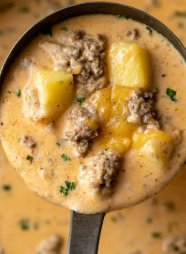 Creamy cheesy beef and potato soup in a bowl garnished with herbs