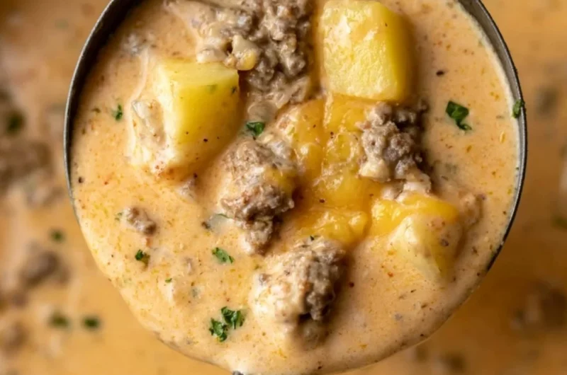 Creamy cheesy beef and potato soup in a bowl garnished with herbs