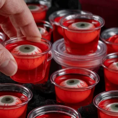 Creepy eyeball jello shots served in cocktail glasses for Halloween party decoration.