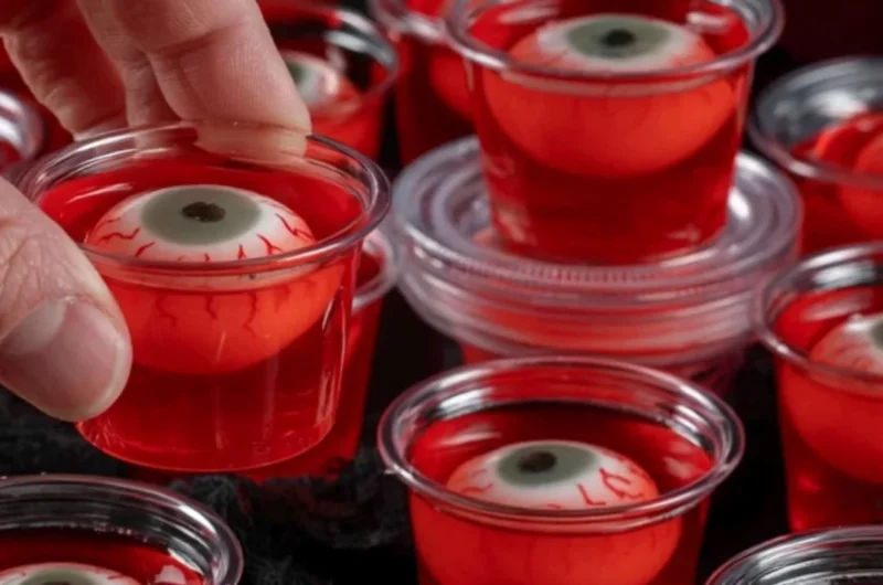Creepy eyeball jello shots served in cocktail glasses for Halloween party decoration.