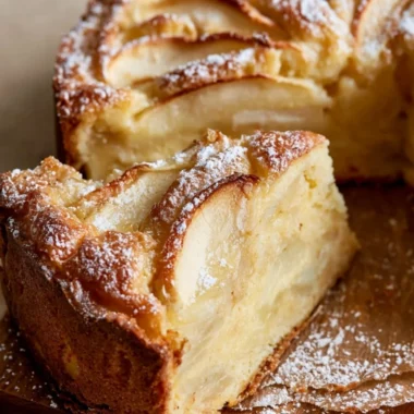 Delicious golden French Apple Cake with fresh apples ready to serve