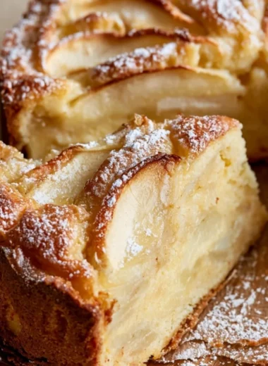 Delicious golden French Apple Cake with fresh apples ready to serve