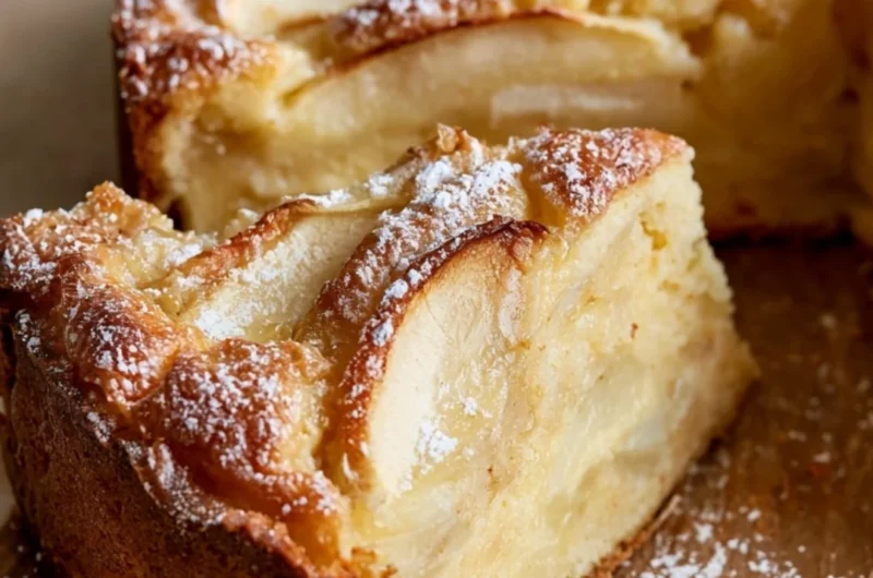Delicious golden French Apple Cake with fresh apples ready to serve