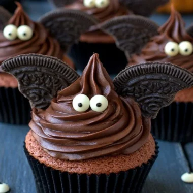 Halloween bat cupcakes decorated with chocolate and candy wings