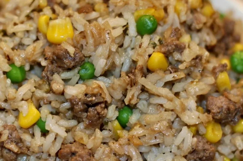 Plate of homemade dirty rice with ground beef and vegetables