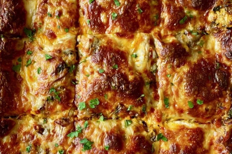 Invisible butternut squash, spinach, and mushroom lasagna slice on a plate.