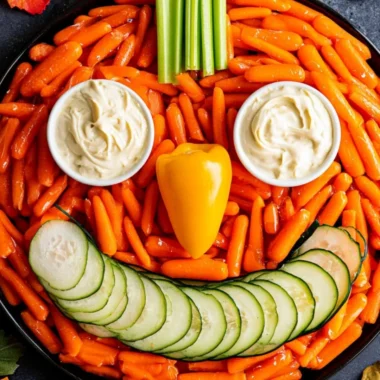 Jack-O-Lantern Veggie Tray with assorted vegetables arranged for Halloween
