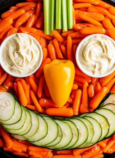 Jack-O-Lantern Veggie Tray with assorted vegetables arranged for Halloween