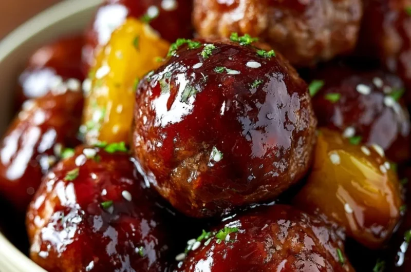 Slow Cooker Teriyaki Meatballs served with rice and vegetables