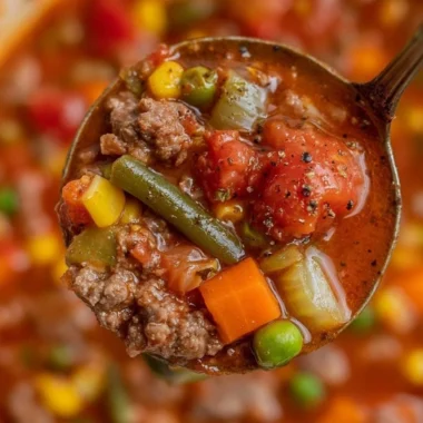 Delicious bowl of homemade hamburger soup garnished with fresh herbs