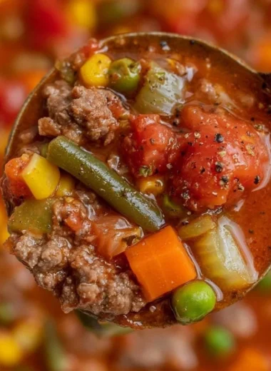 Delicious bowl of homemade hamburger soup garnished with fresh herbs