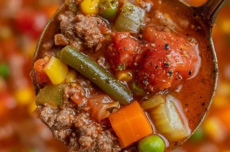 Delicious bowl of homemade hamburger soup garnished with fresh herbs